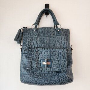 NEW Talbots Blue Leather Tote Bag Purse Shoulder Strap Crossbody Croc Embossed